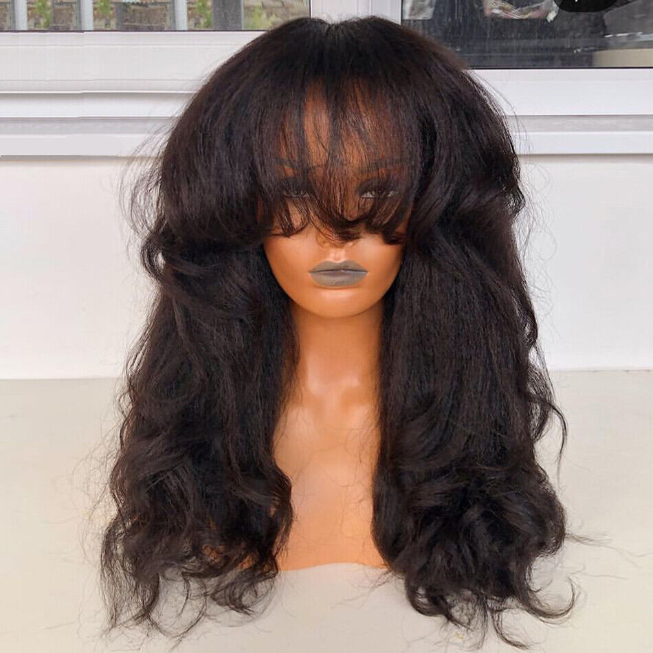 Yaki Wavy Full Machine Made O Scalp Top Human Hair Wig With Bangs Brazilian Remy