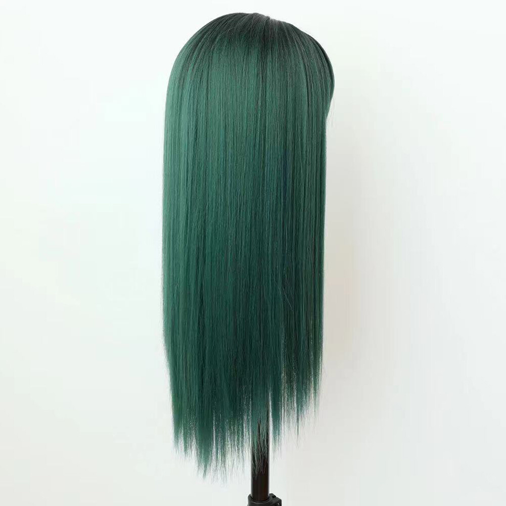 Ombre Green Wigs Full Neat Bangs Long Straight Women Synthetic Fiber Hair Party