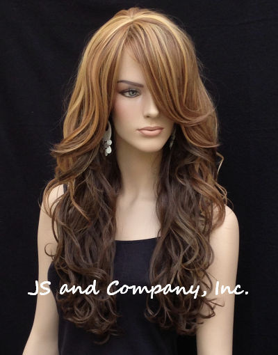 Loose wavy Full Human hair Blend wig bangs Heat OK Long Multi color wnta