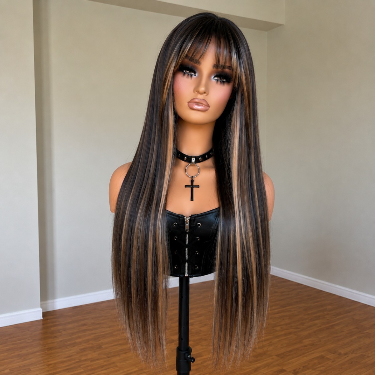 Synthetic Hair Long Straight Dress Up Wigs With Bangs Mixed Brown blonde