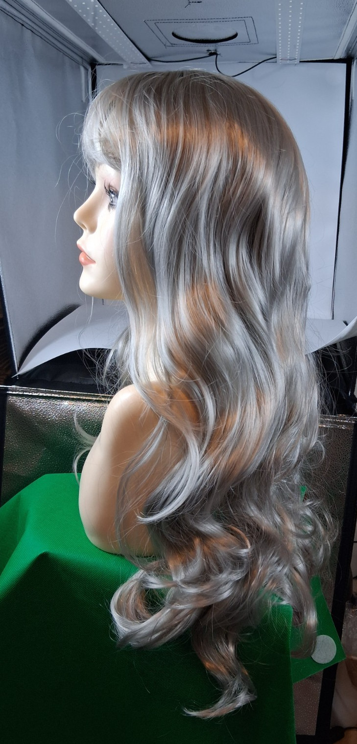 Long curly wave synthetic wig with blunt bangs heat resistant fiber full wig