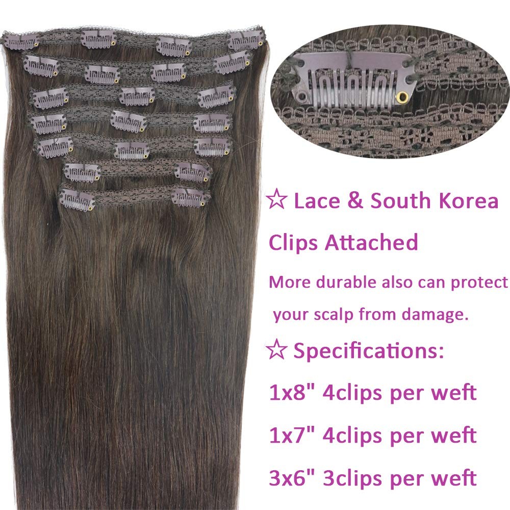 Real Human Hair Lace Clip In Hair Extensions Thick Ends 20inch 120g Color Dar…