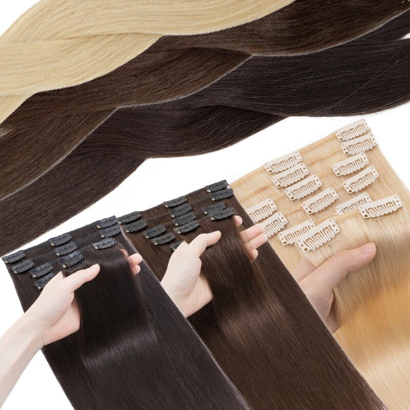100% Clip In Remy Human Hair Extensions Full Head Black/Brown/Blonde Straight