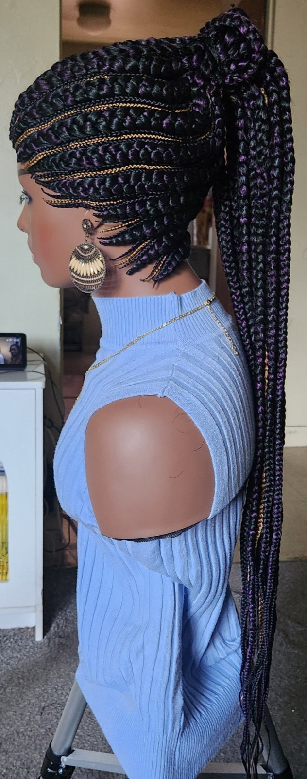 Fully Hand Braided box braid cornrow wig poney tail libre 1B mixt Dark purple/27