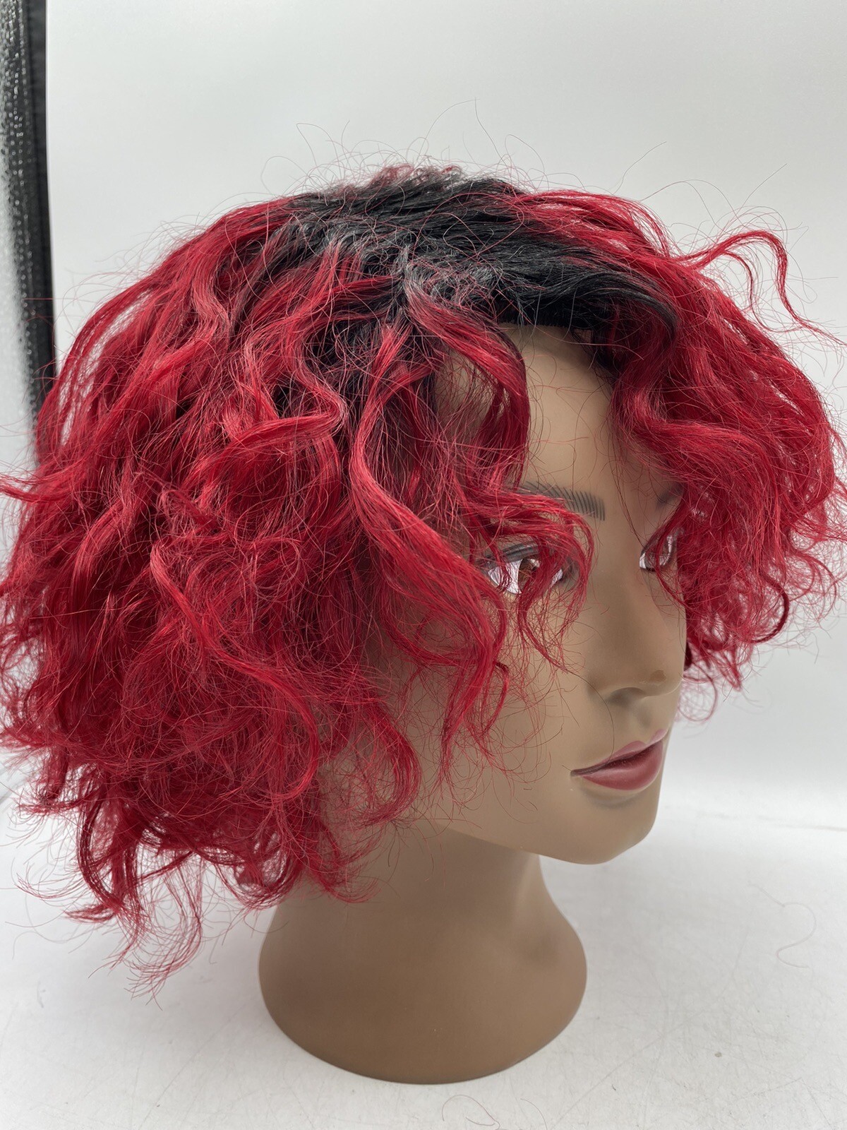 Quantum Love Human Hair Short Side Part Curly Wig Ombre Black/Burgundy Red