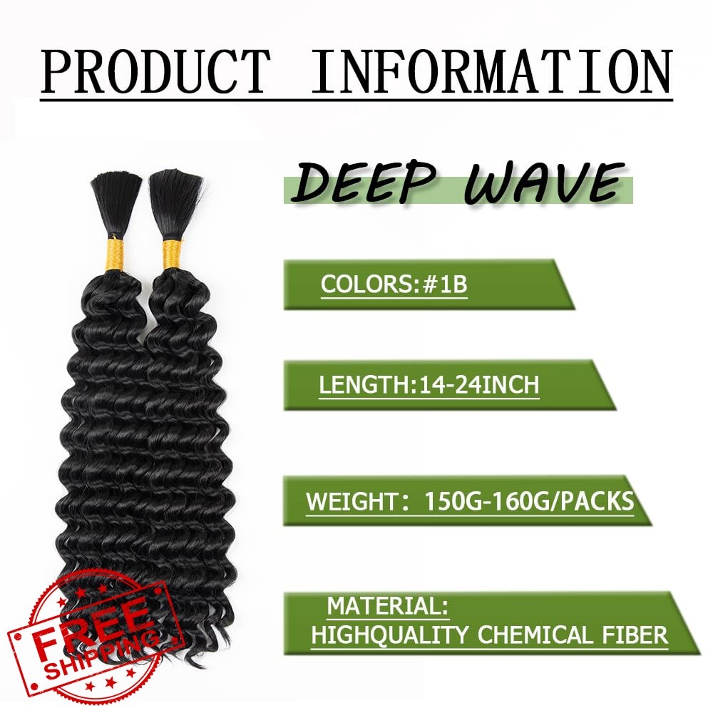 MOCCWOM Deep Wave Braiding Hair 20 Inch 2 Bundles #1B