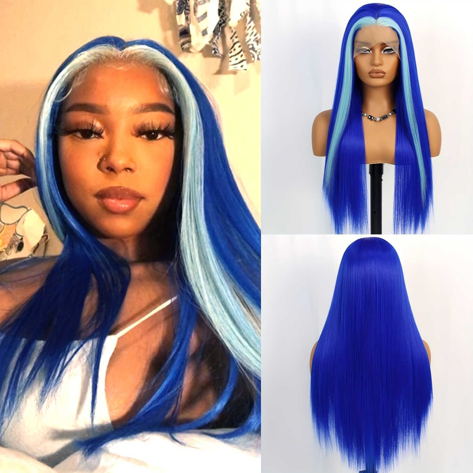 Blue Synthetic Skunk Stripe Long Straight Hair Lace Front Wigs Pre Plucked Party