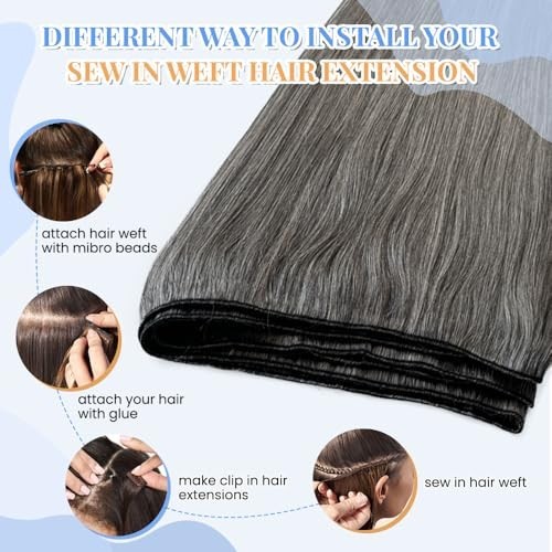 Weft Hair Extensions 18 Inch Straight Real Remy Human Hair Salt and Pepper Sew