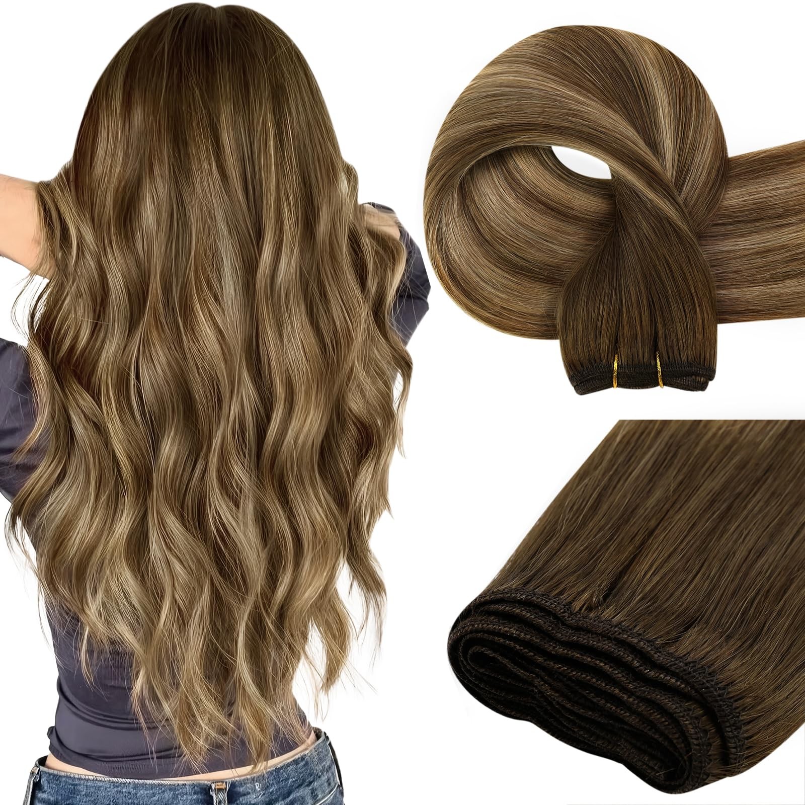 Human Hair Weft Extensions 14 Inch 70G Balayage Dark Brown to Caramel Blonde