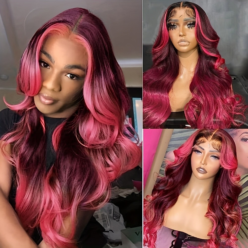 Long Wavy Skunk Stripe 13×4 Free Part Pink Purple Mixed Color Lace Front Wigs