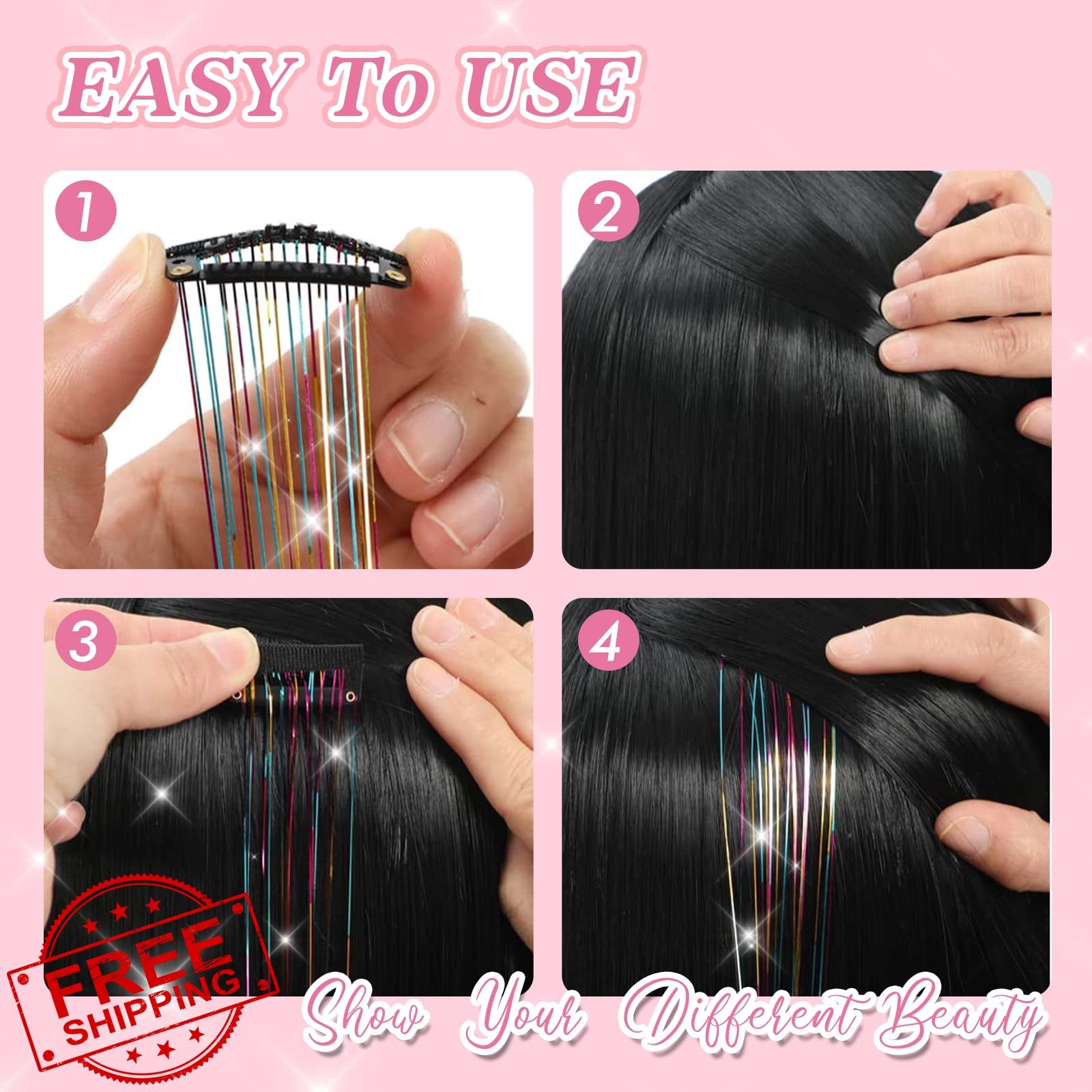 POROLIR 6Pcs Glitter Tinsel Hair Extensions Gold Pink 20 Inch