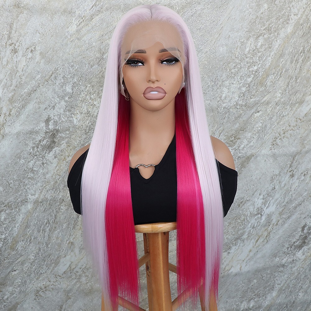 Heat Resistant Fiber Hair Long Lace Front Wigs Glueless Ombre Hot Pink Synthetic