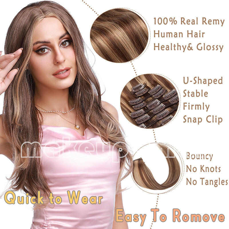 Smooth 8Pieces Clip In Human Remy Hair Extensions 100% Real Full Head Blonde USA