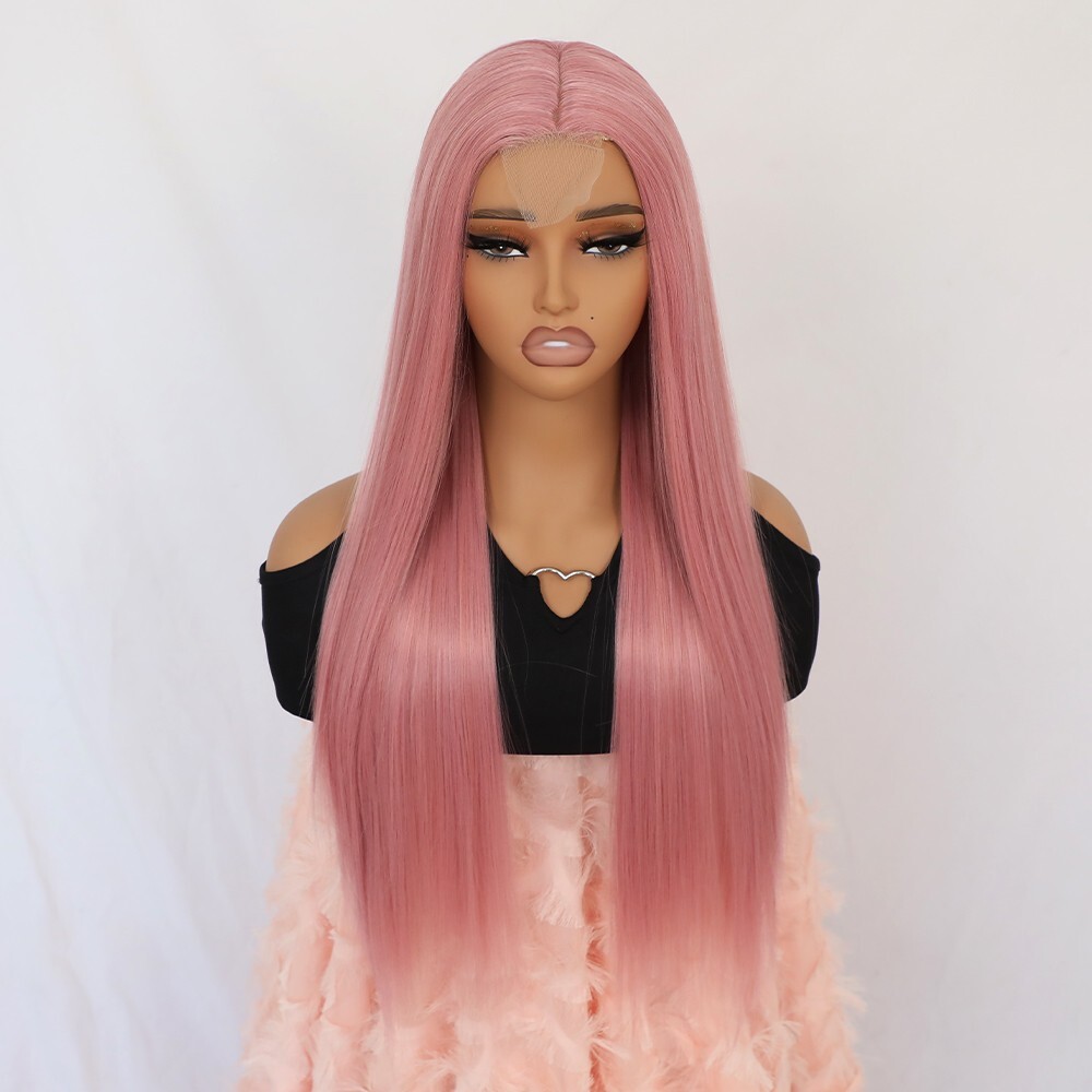 Synthetic Lace Frontal Wigs Long Straight Pink Hair Heat Resistant Women Party