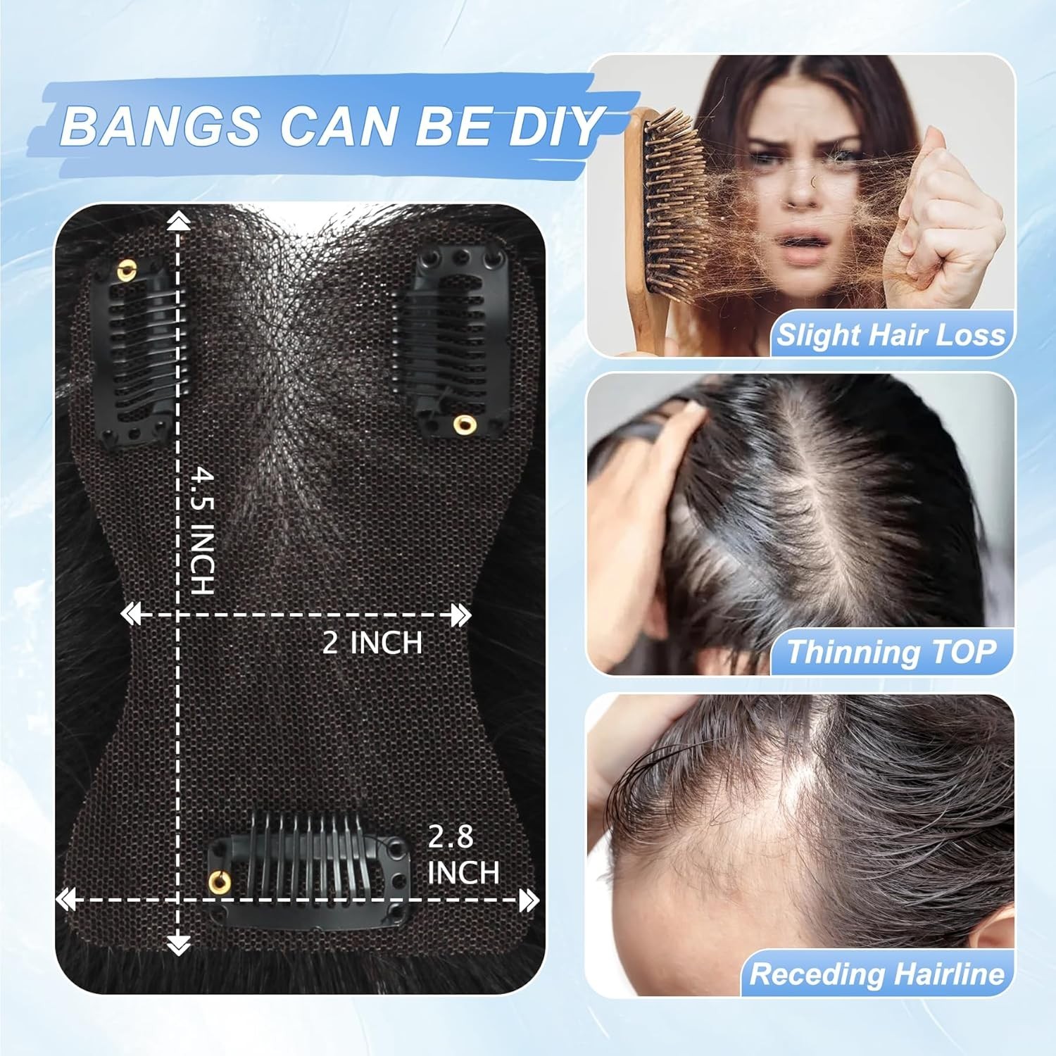 Clip in Bangs Human Hair Topper for Woman Hand-Tied French Lace Jet Black 10in