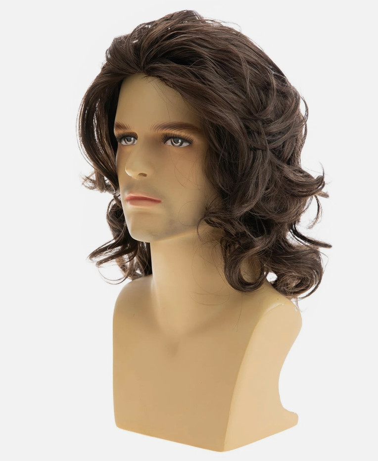 Dsimeig Mens Brown Layered Wavy Wig Shoulder Length Synthetic Heat Resistant Wig