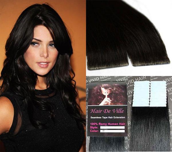 Tape In PU Machine Injected Invisible Seamless Remy Human Hair Extensions Black