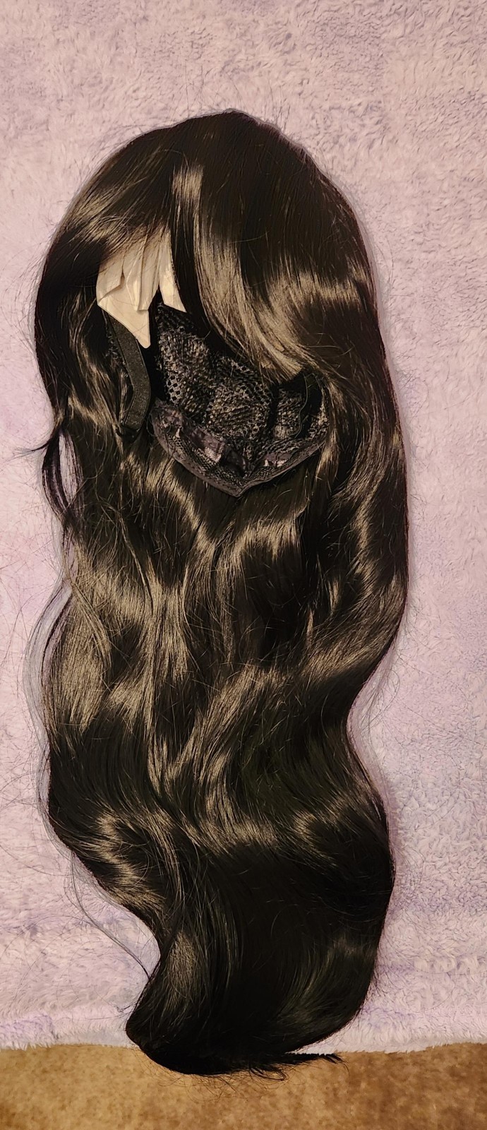Pair of Synthetic Wigs (1 black/1 black & red), 3 Caps, & Wig Stand – Never Worn