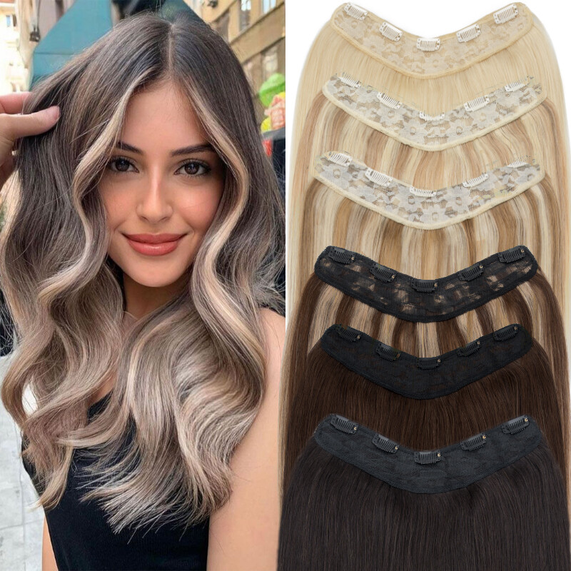 ONE PIECE V-Shape U Clip In 100% Remy Human Hair Extensions Weft Thick Full Head