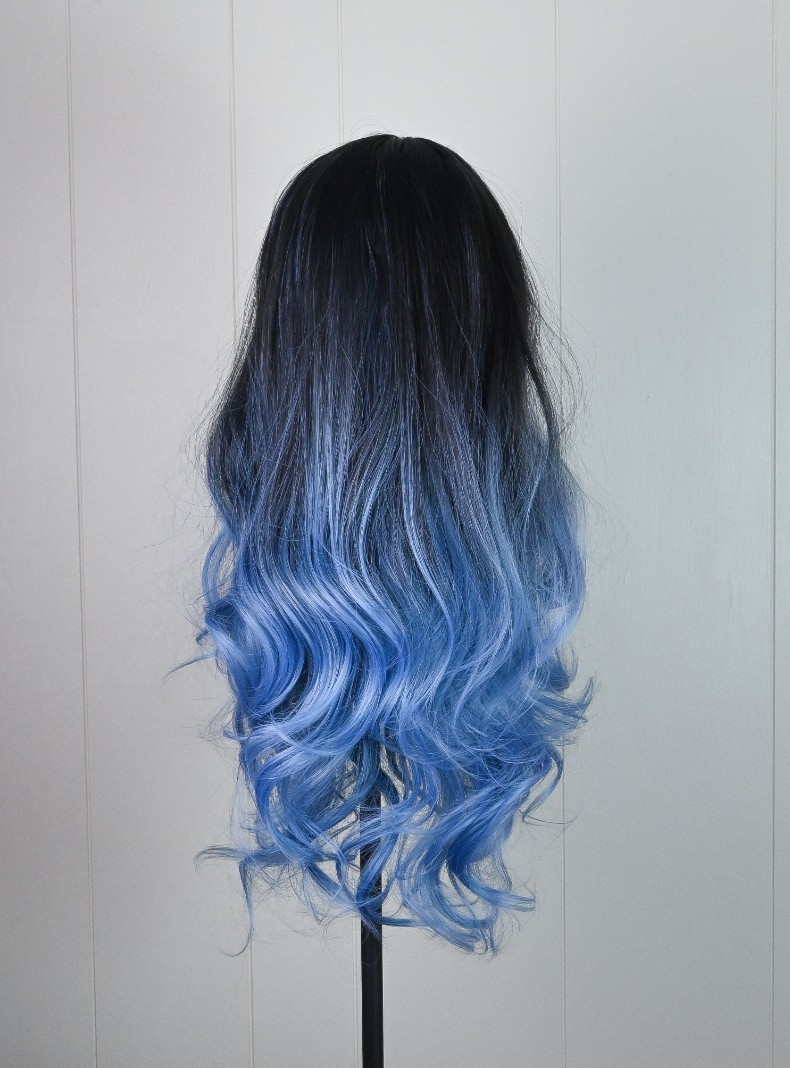 Black and Blue Wavy Wig for Women | Long 26″ Synthetic Hair with Bangs