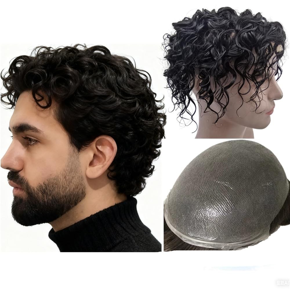 Men’s Toupee Human Hair Piece 10×8 Spanish Curly Wave Replacement System Jet