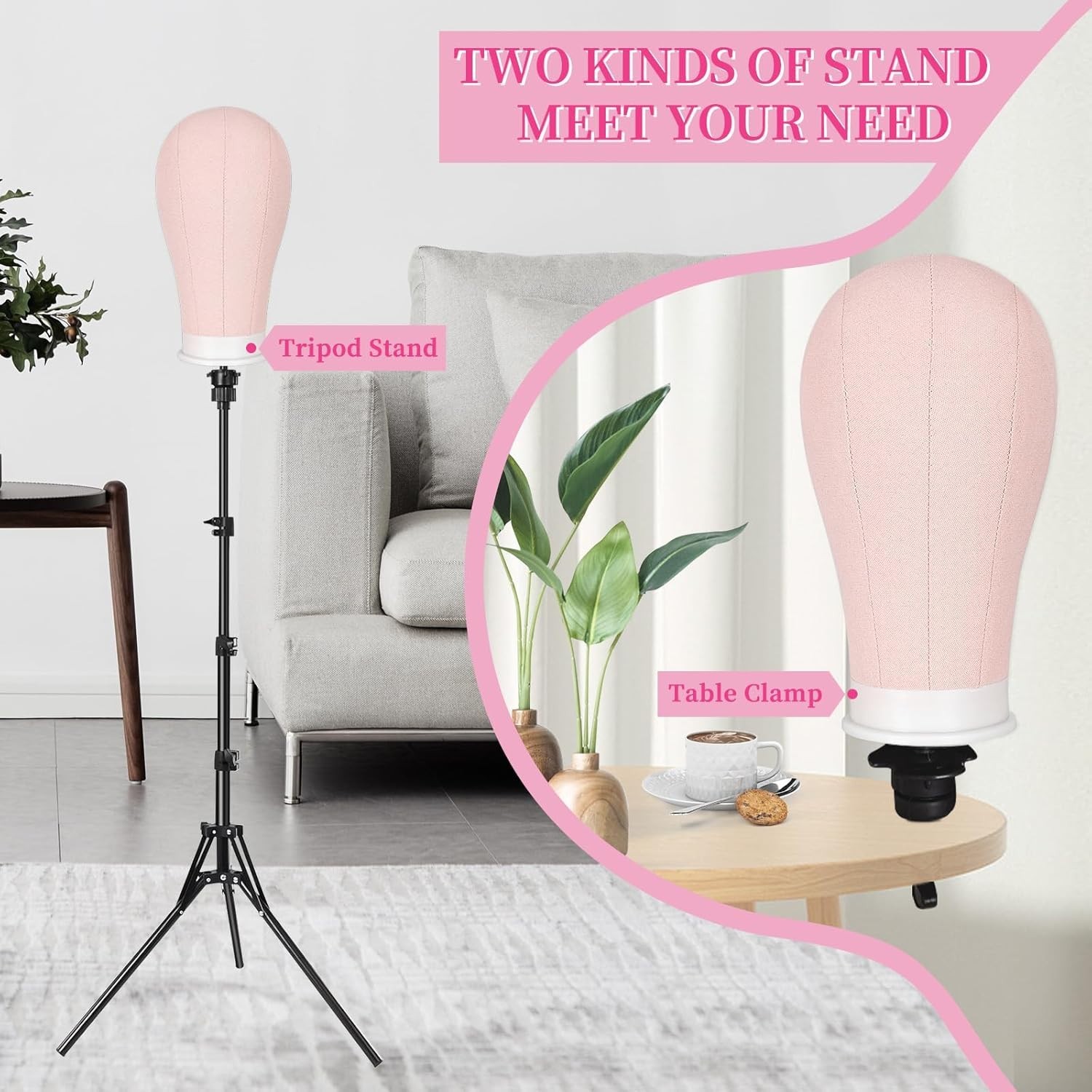 Professional 22In Wig Stand with 63In Adjustable Tripod – Pink Display Head