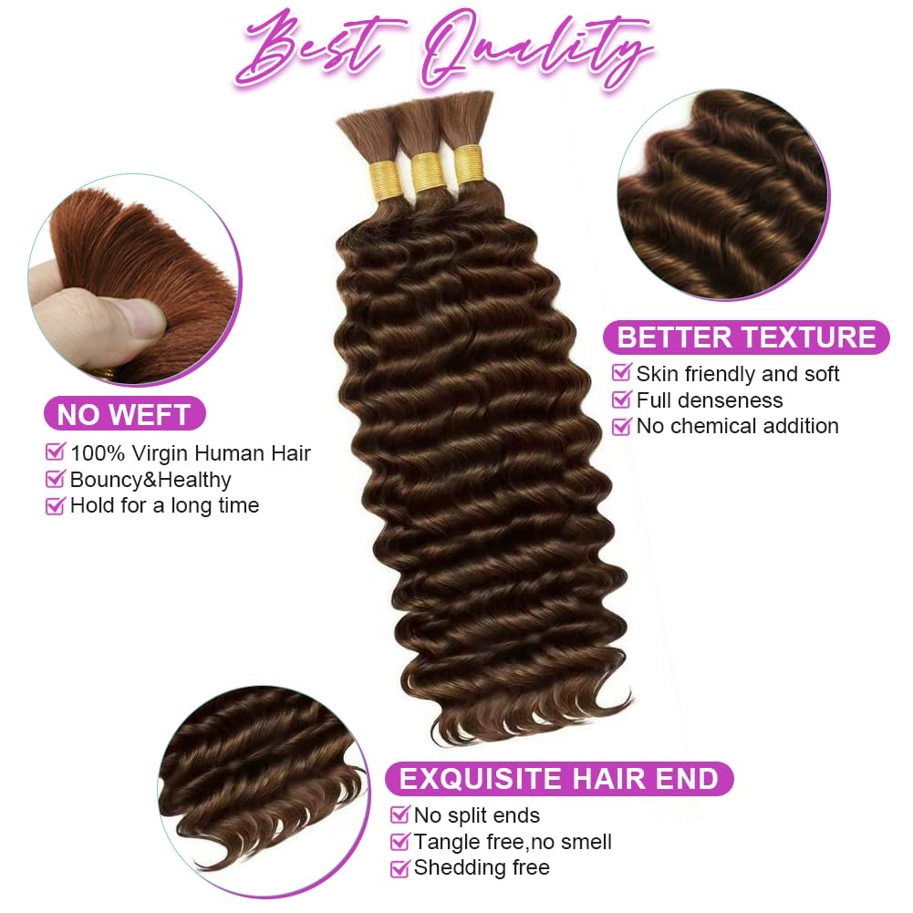 100% Human Boho Braiding Hair Deep Wave Bulk No Weft 18″ #4 Brown 3 Bundles