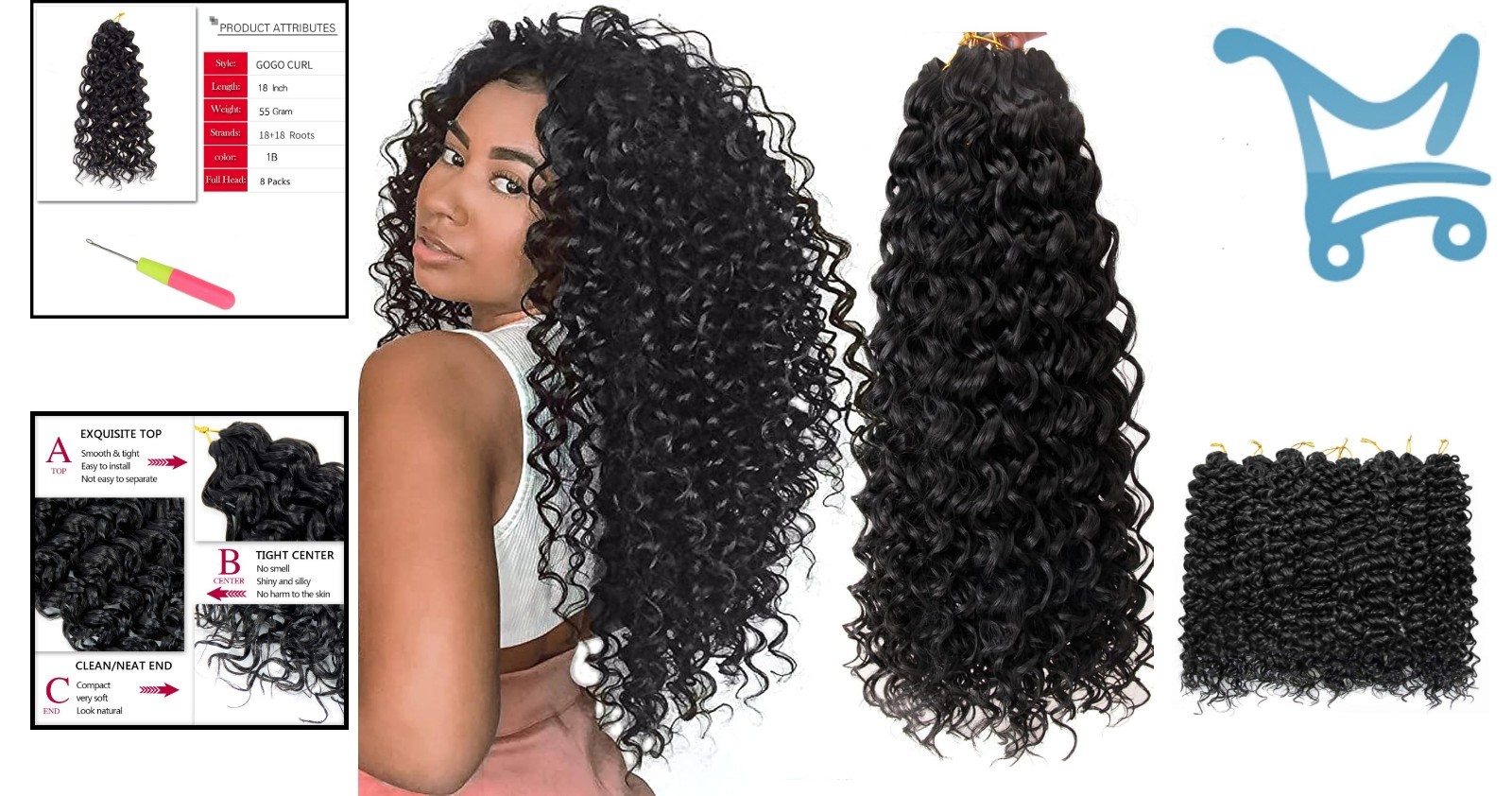 8 Packs Synthetic Bohemian Crochet Water Wave Hair 18in for Women Natural Black