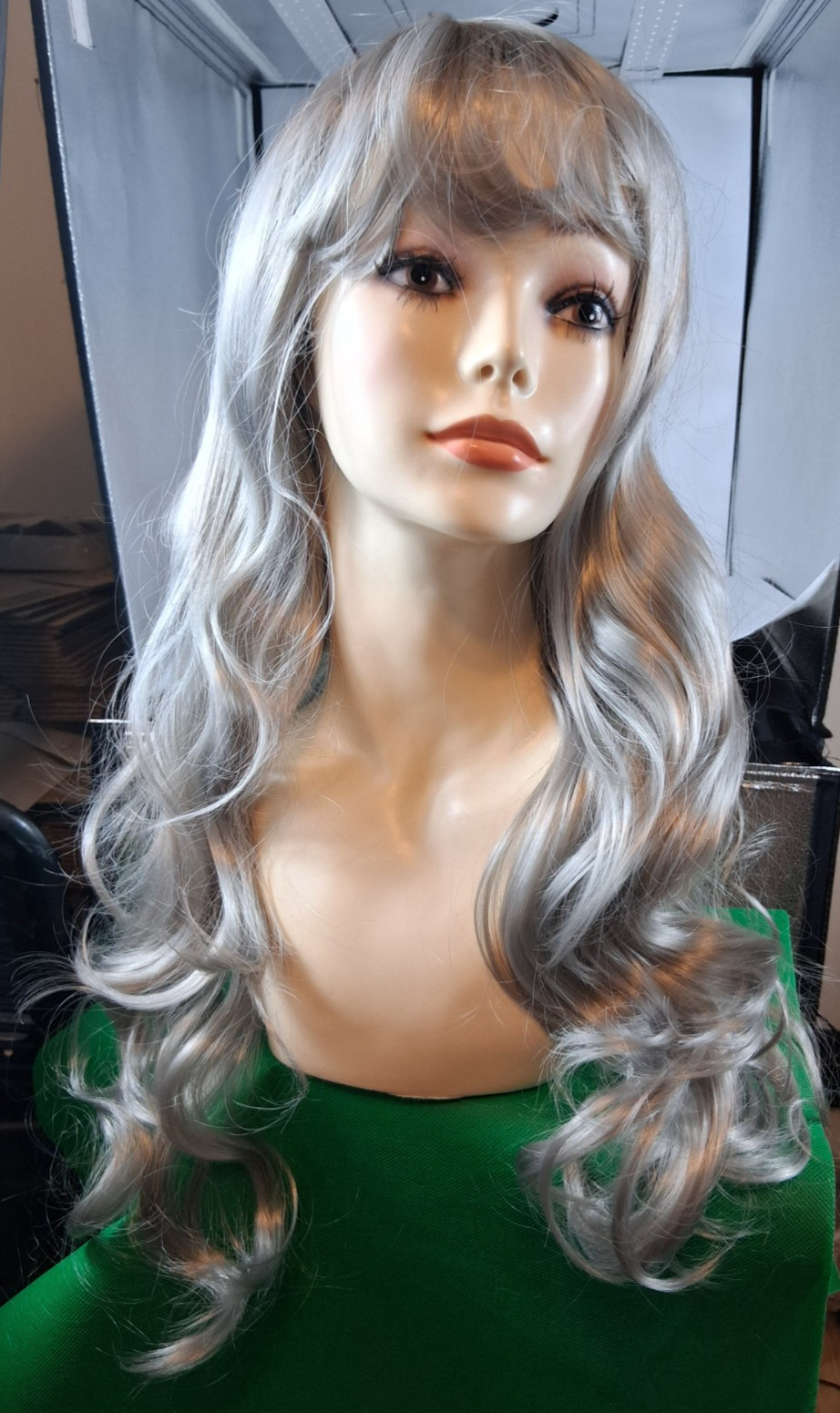 Long curly wave synthetic wig with blunt bangs heat resistant fiber full wig