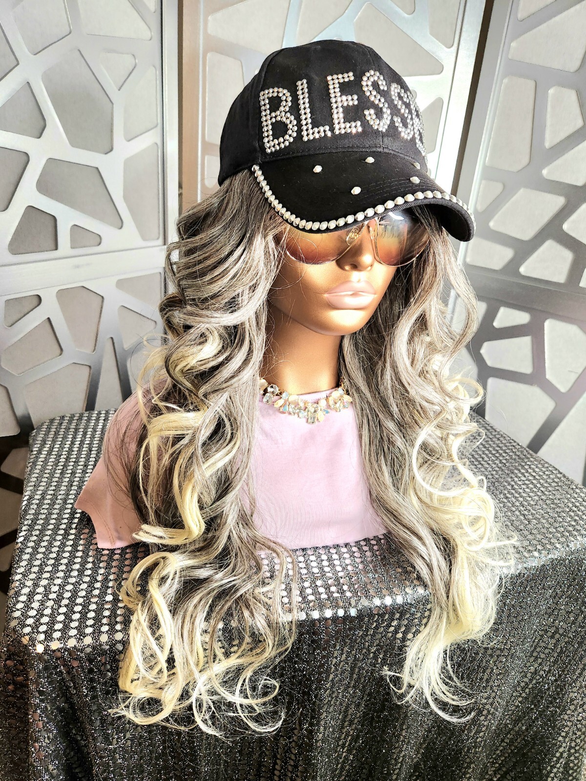 Lace Front Wig Human Hair Blend Ombre Blonde Curly Long Wig Highlights Glueless