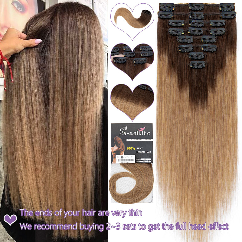 Clip In 100% Remy Real Human Hair Extensions Full Head Highlight Ombre US 8″-24″
