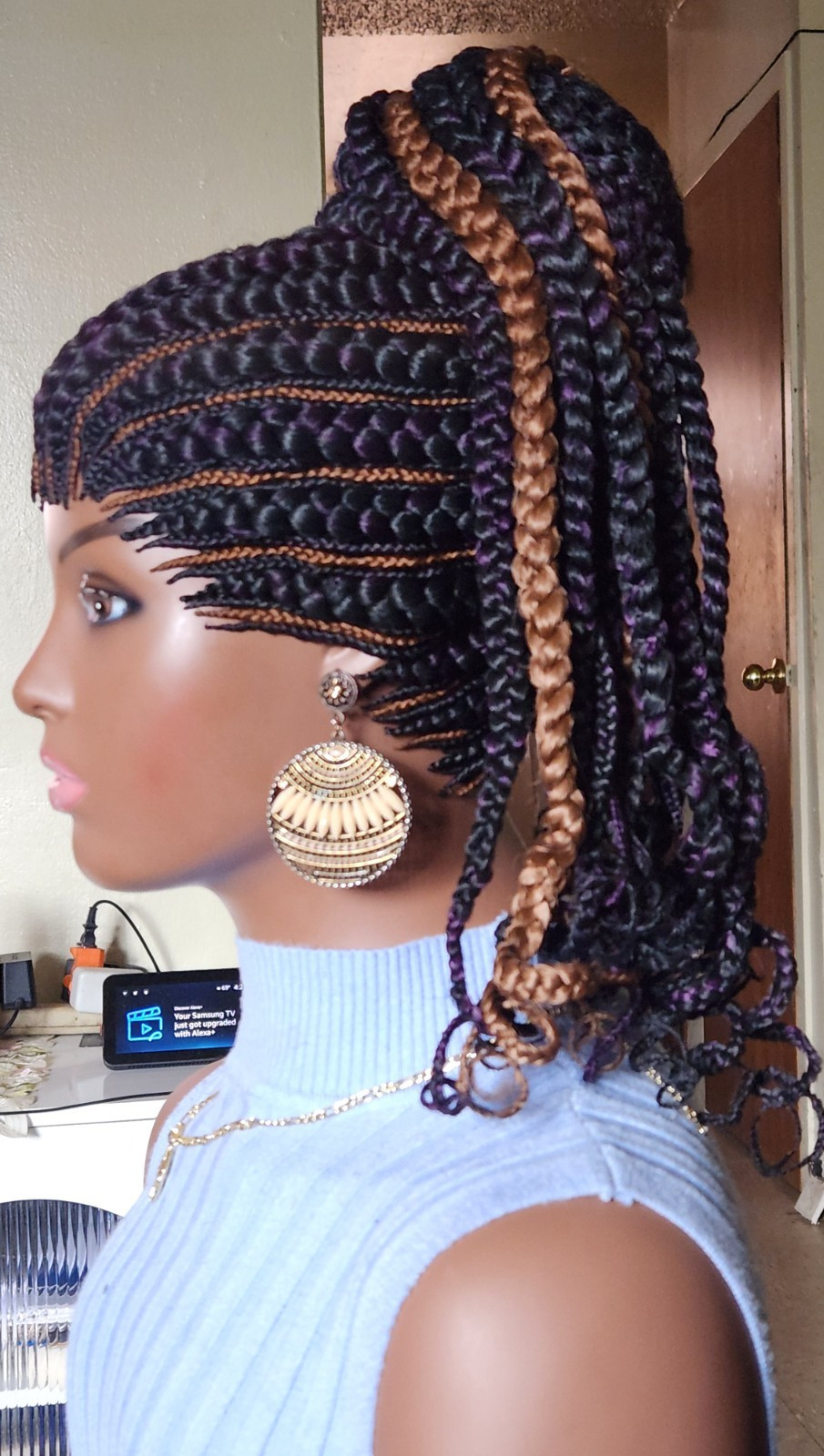 handmade braided Ghana banana cornrows wig poney tail 1B mix Dark purple/Dark br