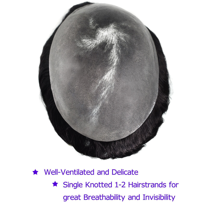 Full PU Mens Toupee Durable Poly Invisible Thin Skin Human Hairpiece Wig PAPY