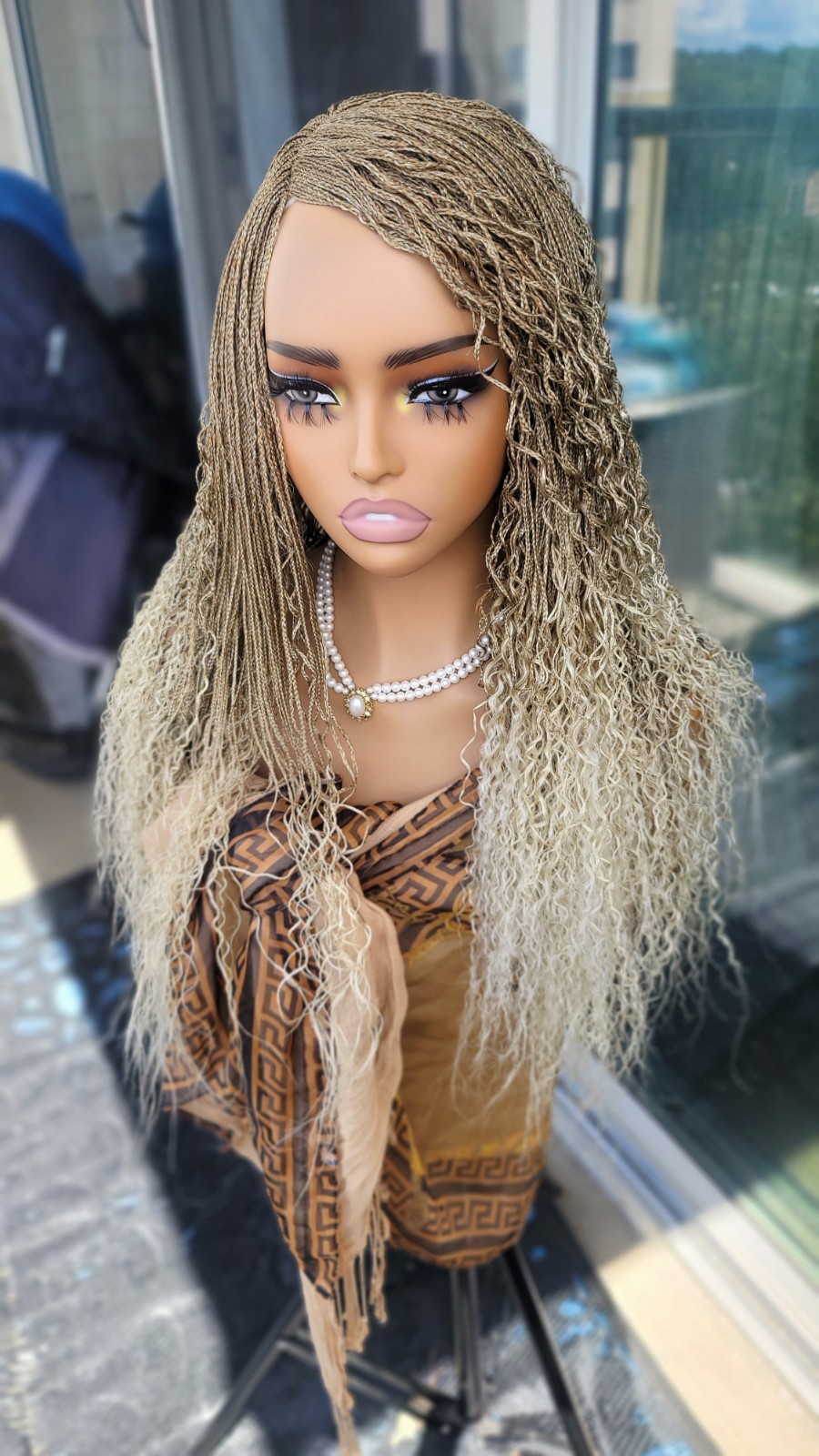 Braided Wig Lace Front Glueless 18″ Micro Boho Braids 27/613 Blonde Handmade NWT