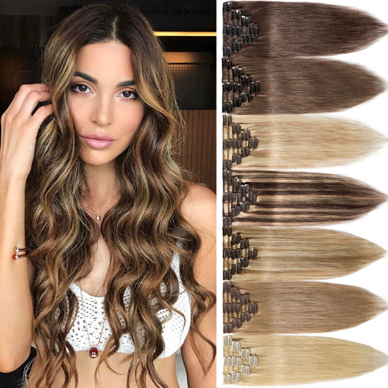 Smooth&Soft 100% Human Hair Extensions 8 Pieces Clip In Real Remy Hair FULL HEAD