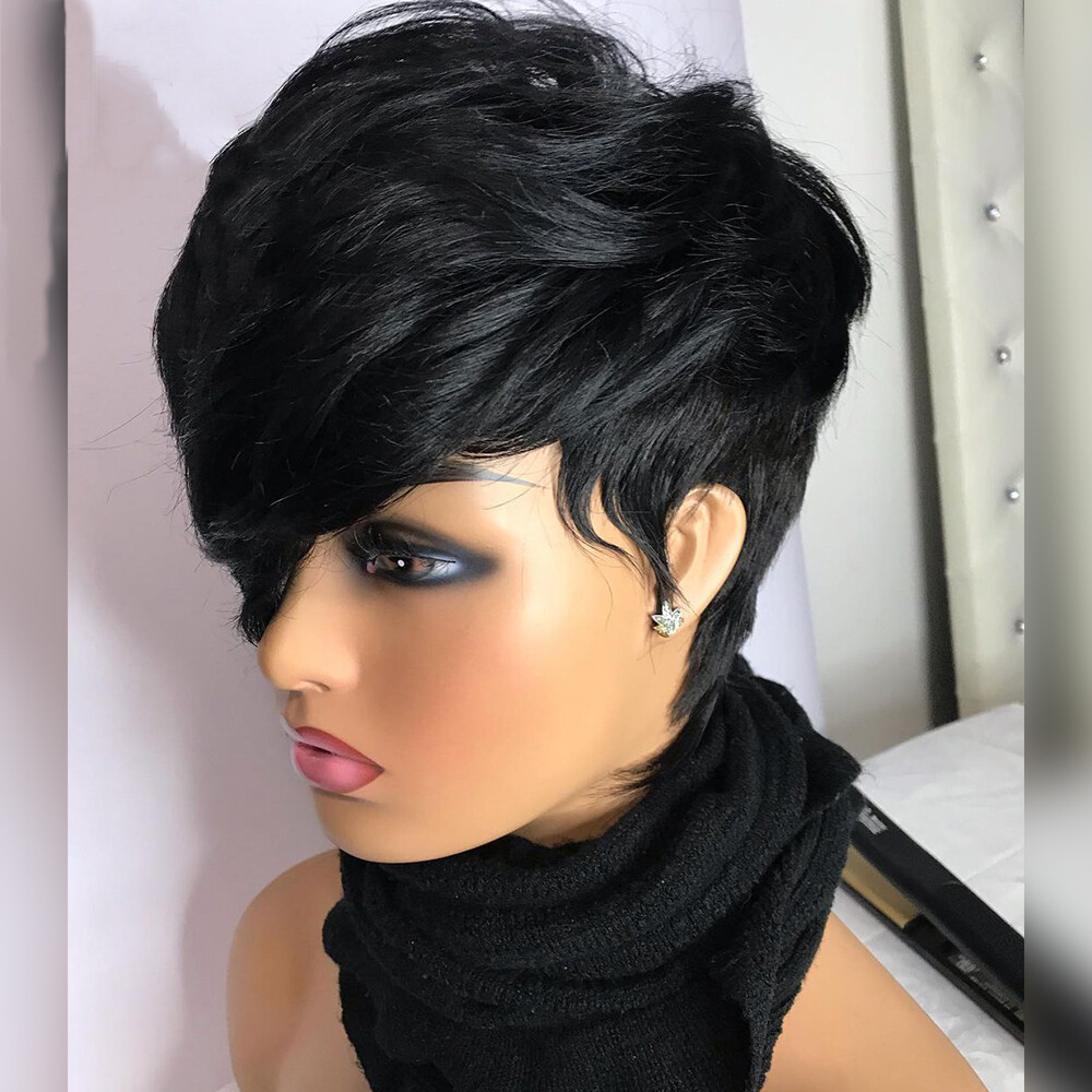 Short Pixie Cut Wig Black Layered Wavy Hair with Bangs Real Pixie Human Hair Wig