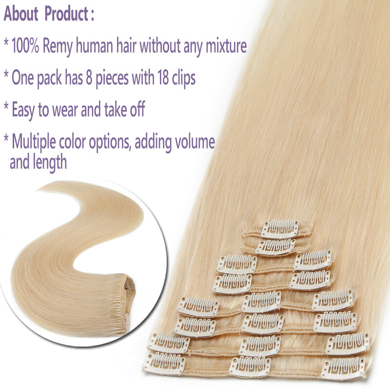 100% Real Remy Human Hair Extensions Invisible Clip in 8pcs Full Head Ombré Hair