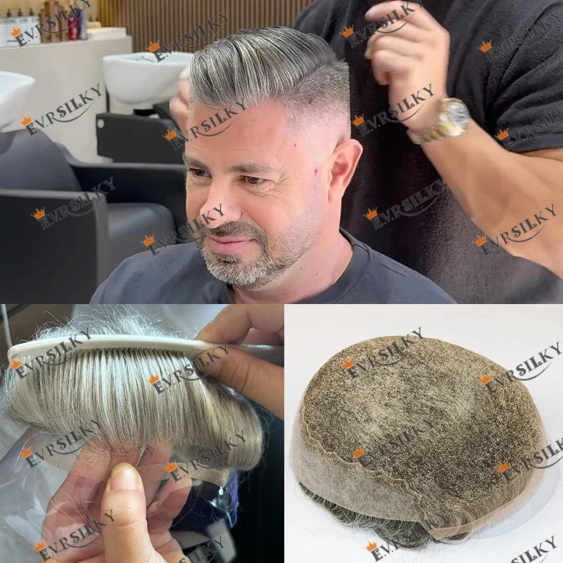 1B65 Grey Lace Front 100%Human Hair Men Toupee Q6 Breathable Swiss Lace& PU Base
