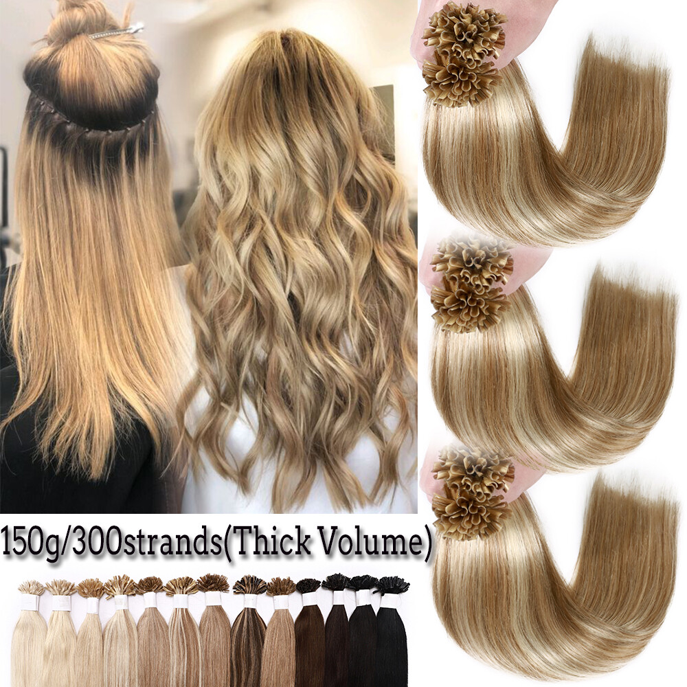 Fusion U Nail Tip Keratin Human Hair Extensions Remy Pre Bonded Glue 100G 12-24″