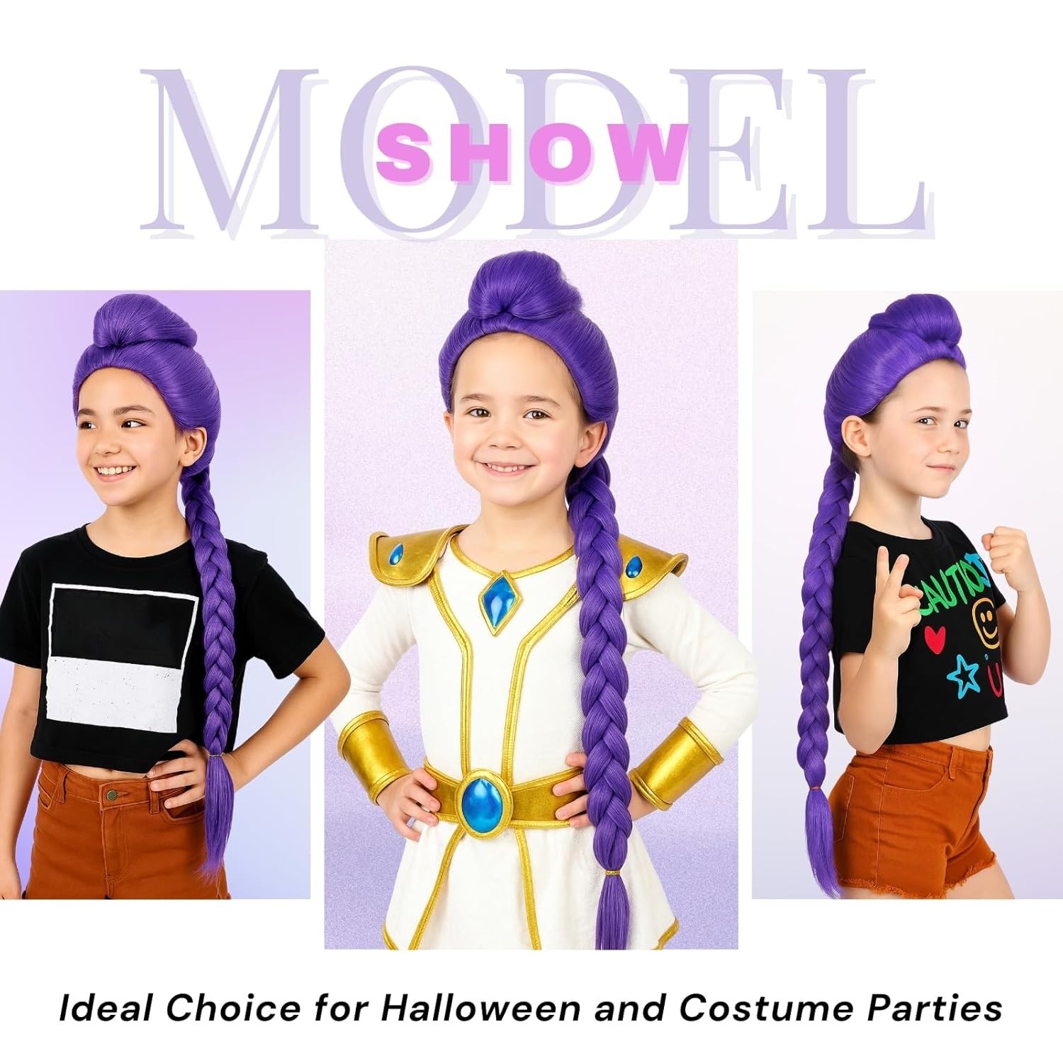 KPop Demon Hunter Rumi Wig Kid Size Purple Long Braided Ponytail Halloween