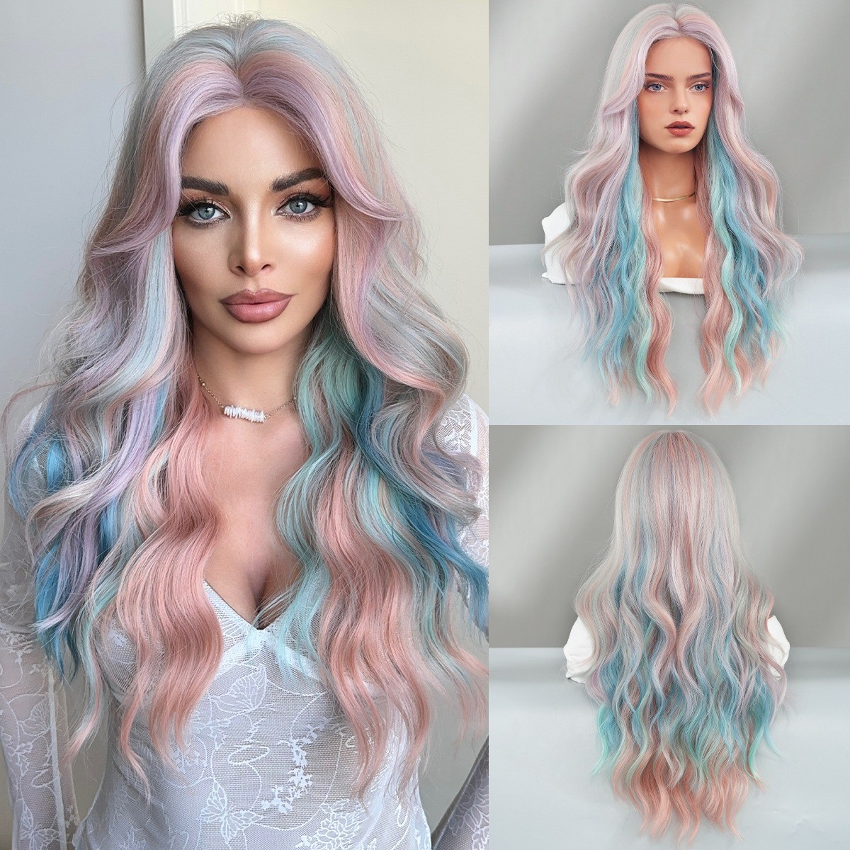 Dreamy purple-blue Lace wig with dreamy purple-blue gradient parted wavy curls