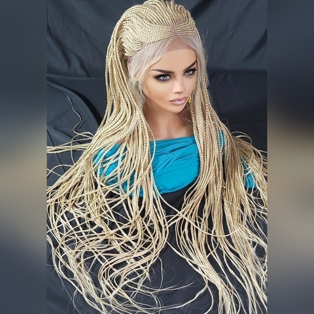 Braided Wig Full Lace 32″ Blonde Ombre Micro Braids Glueless Handmade NWT Long
