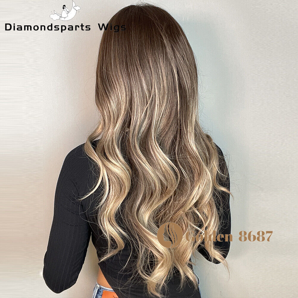 Fanshion Long Wavy Ombre Brown Light Blonde Synthetic Wigs for Women Hair Wig US