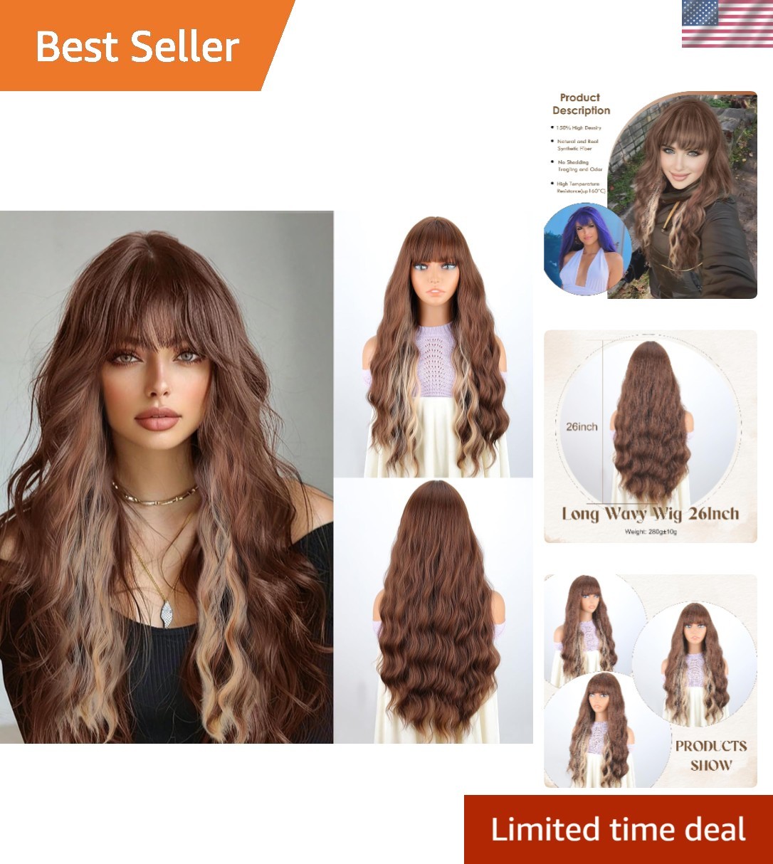 Soft Natural Look – 26-Inch Light Brown & Blonde Wavy Wig with Adjustable Bangs