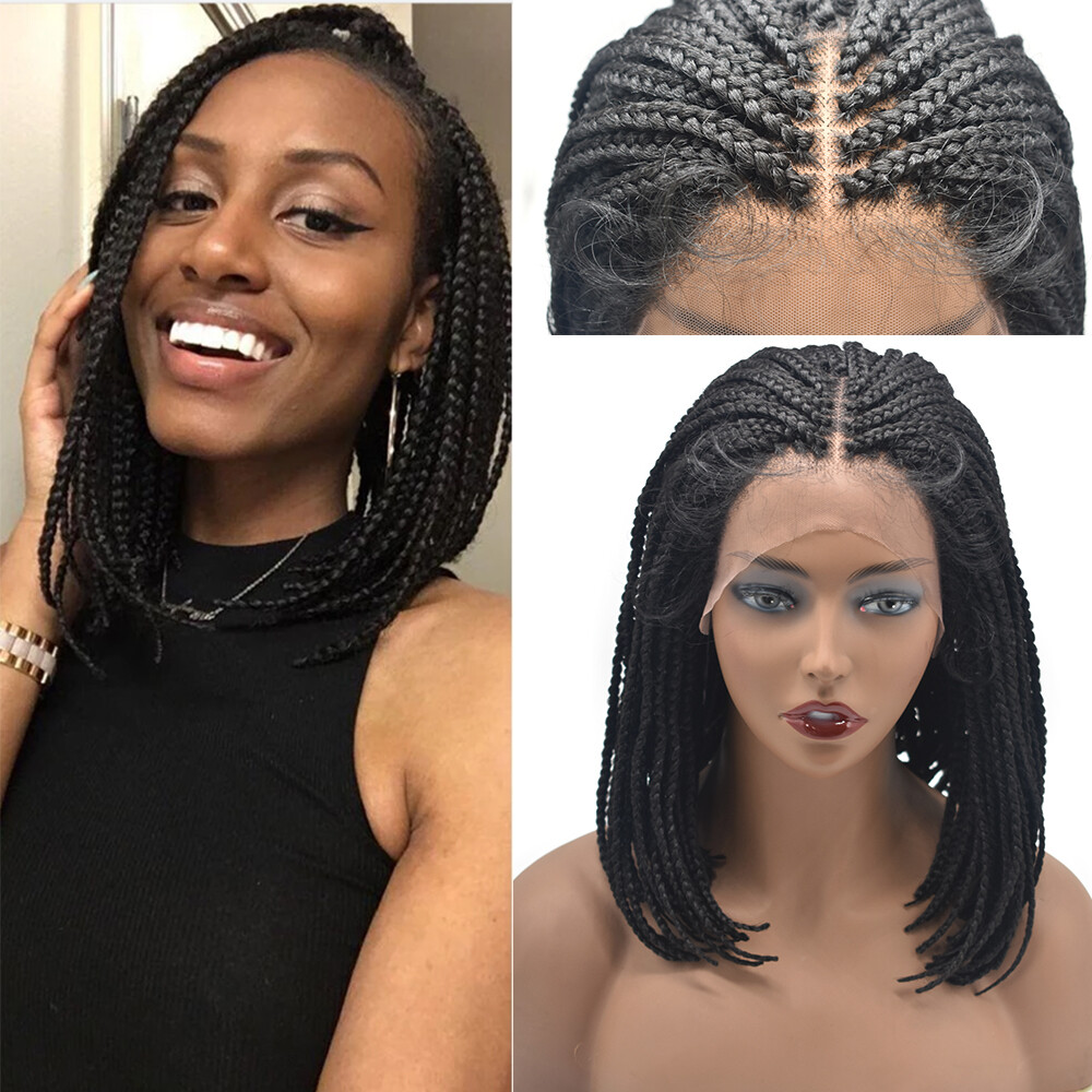 Swiss Lace Front Cornrow Box Braided Women Wig Short Lightweight Synthetic Ombre