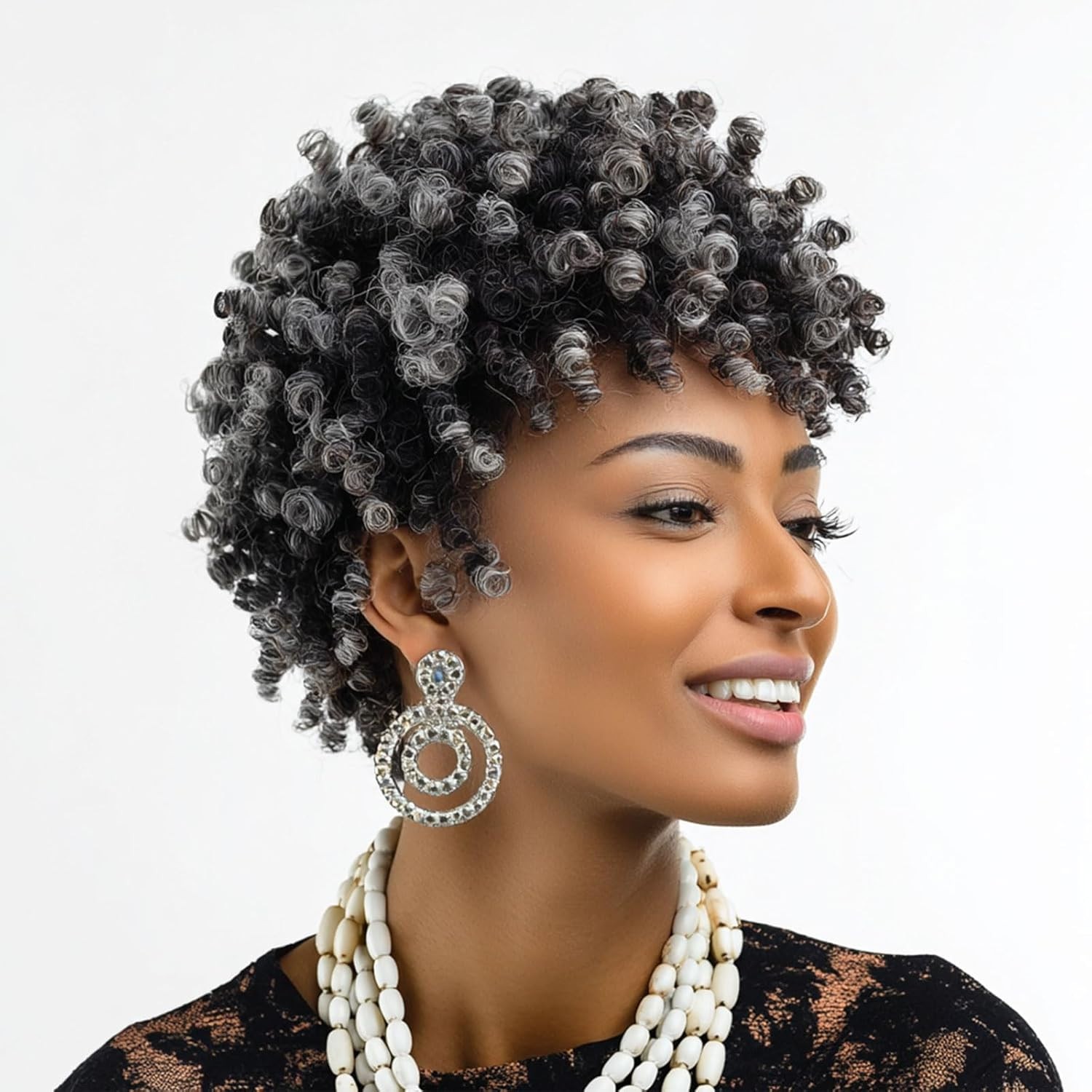 MIMAN Tight Curl Short Black Grey Afro Wig curly kink twist woman synthetic 10″