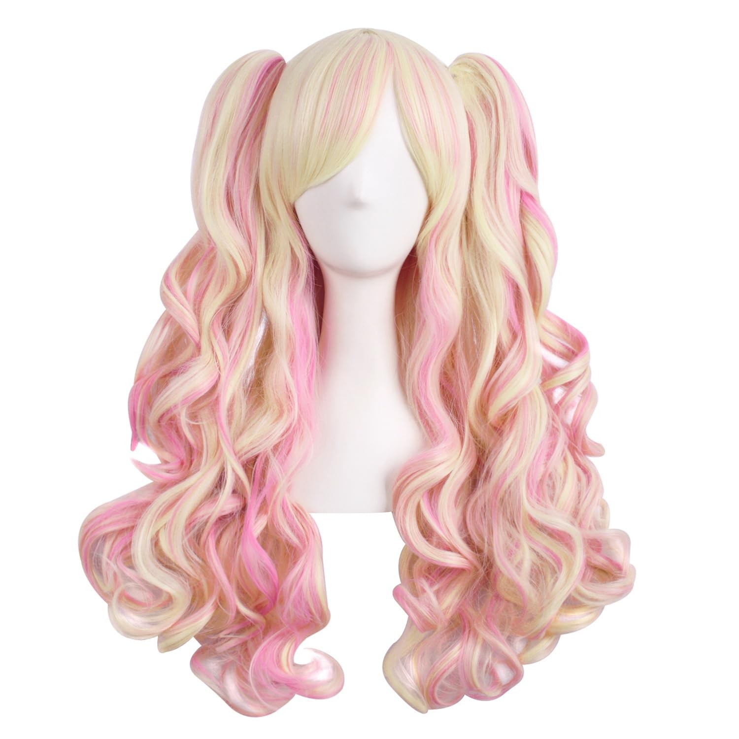 MapofBeauty Multi-color Long Curly Clip on Ponytails Cosplay Wig (Blonde/Pink)