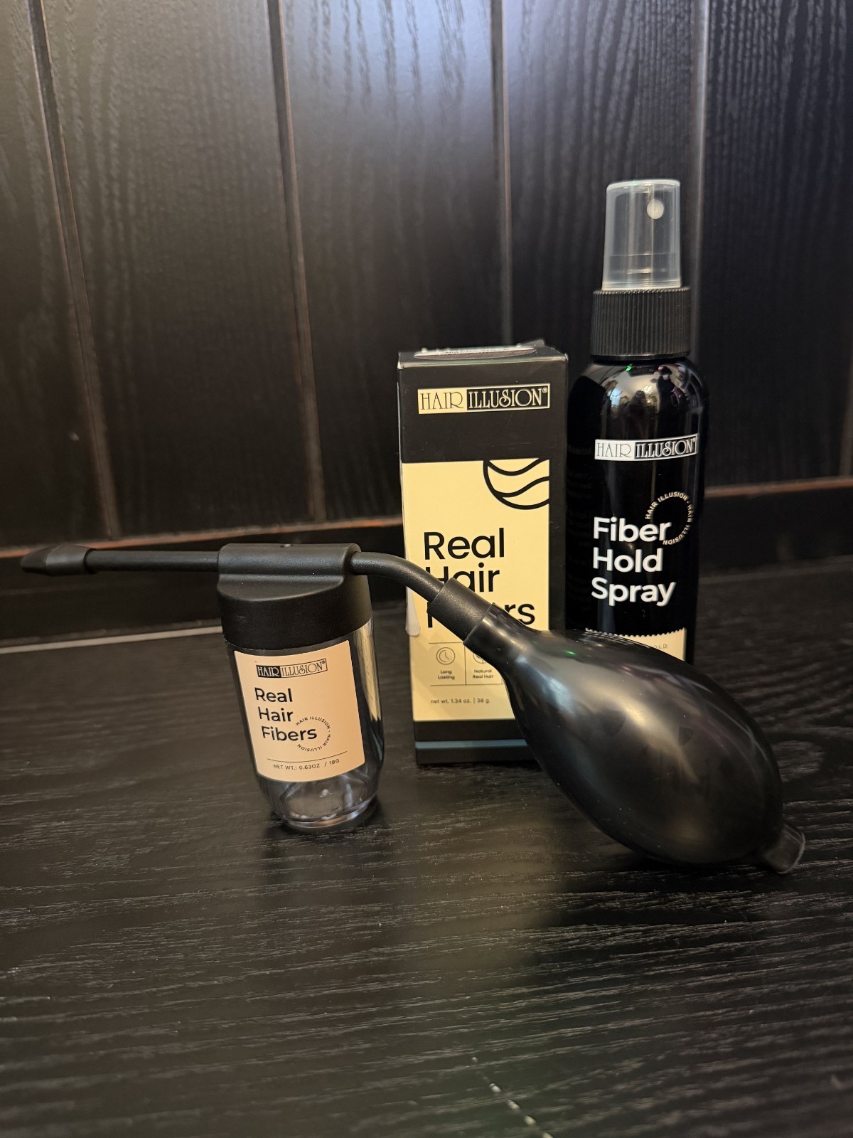 Hair Illusion 38g Brown Real Hair Fiber + Hold Spray + Applicator Kit Authentic