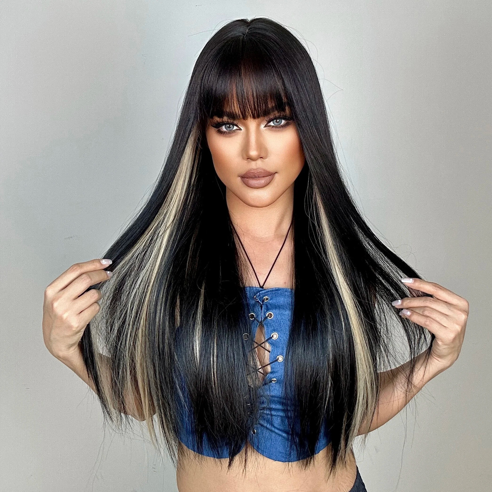 Black Blonde Highlight Long Straight Synthetic Wigs with Bangs Natural Hair New
