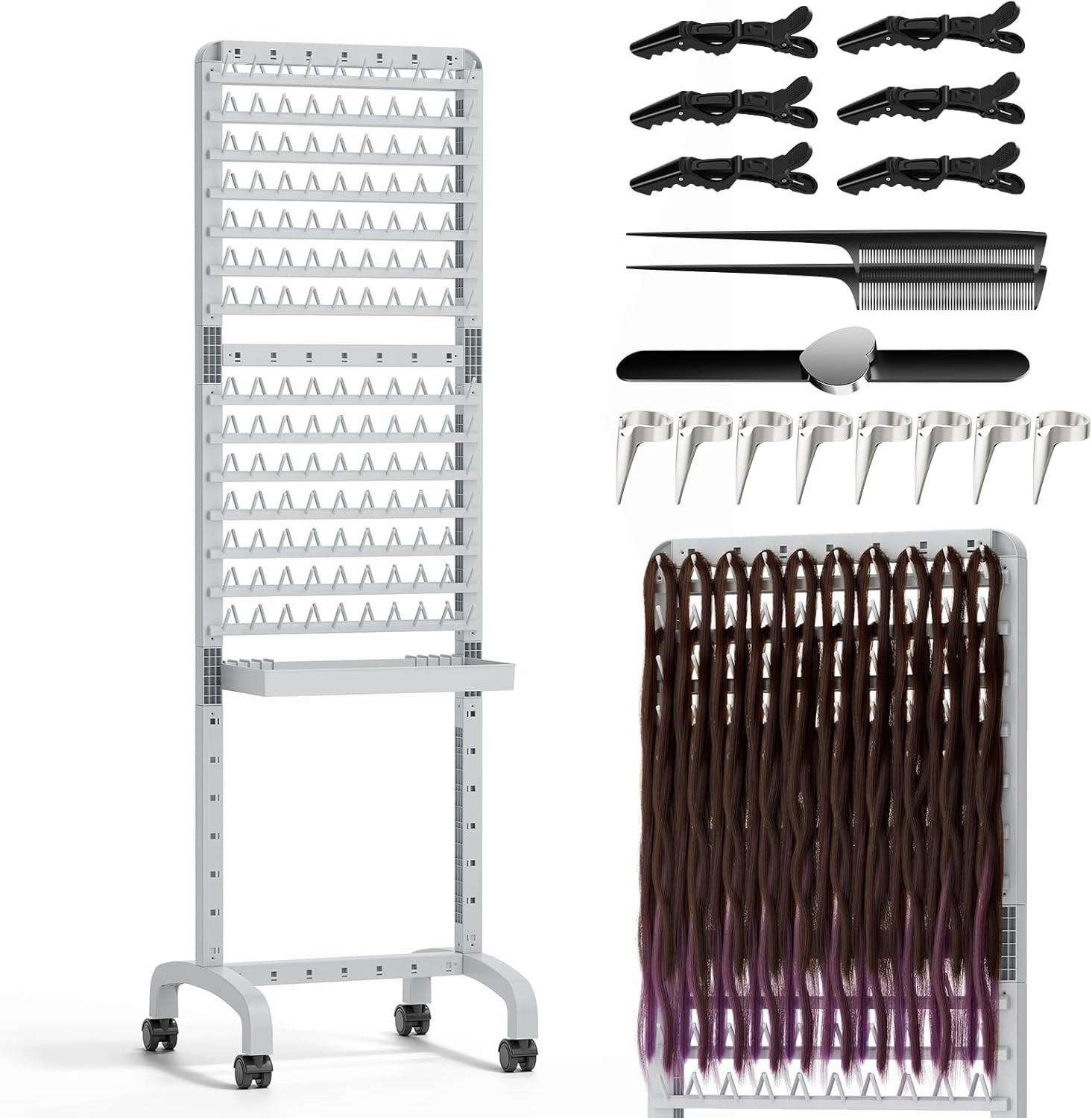280 Pegs Braiding Hair Rack with Tray and Tools, Height Adjustable, 2-Side Braid